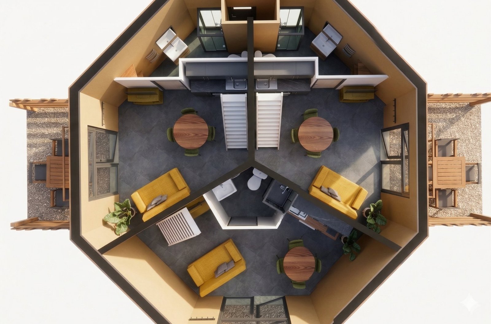 Vue de dessus RDC — 3 appartements Modèle L